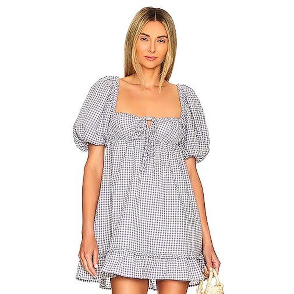 MAJORELLE Gingham Puff Sleeve Dress NWT Women’s size Small blue white clementine